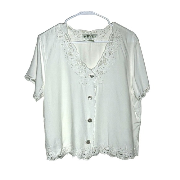 Orvis Tops - Orvis White Short Sleeve Lace Trimmed Shell Button Blouse Top Womens Size L